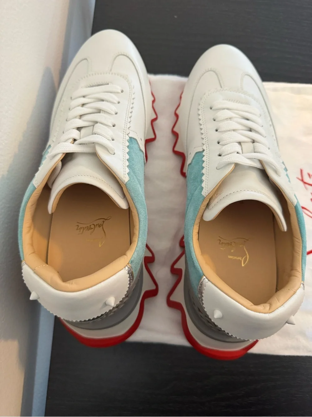 Christian Louboutin Men’s Loubishark CL Paris Sneakers White Turquoise Red (42)